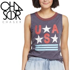 Chaser USA Graphic Muscle Jersey T Charcoal Gray Distressed Stars Stripes Tank L